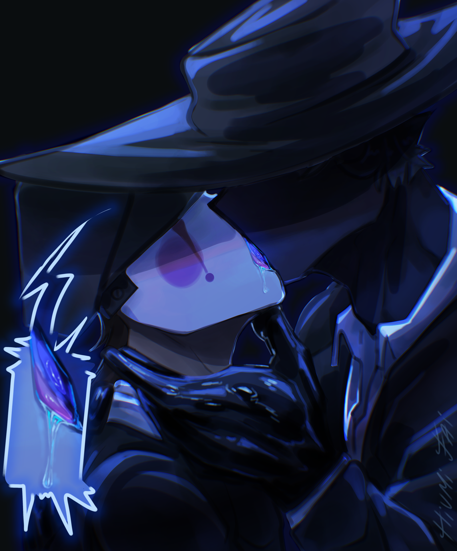 Ilustración con estética terror y elementos neón, obra de Hiumi