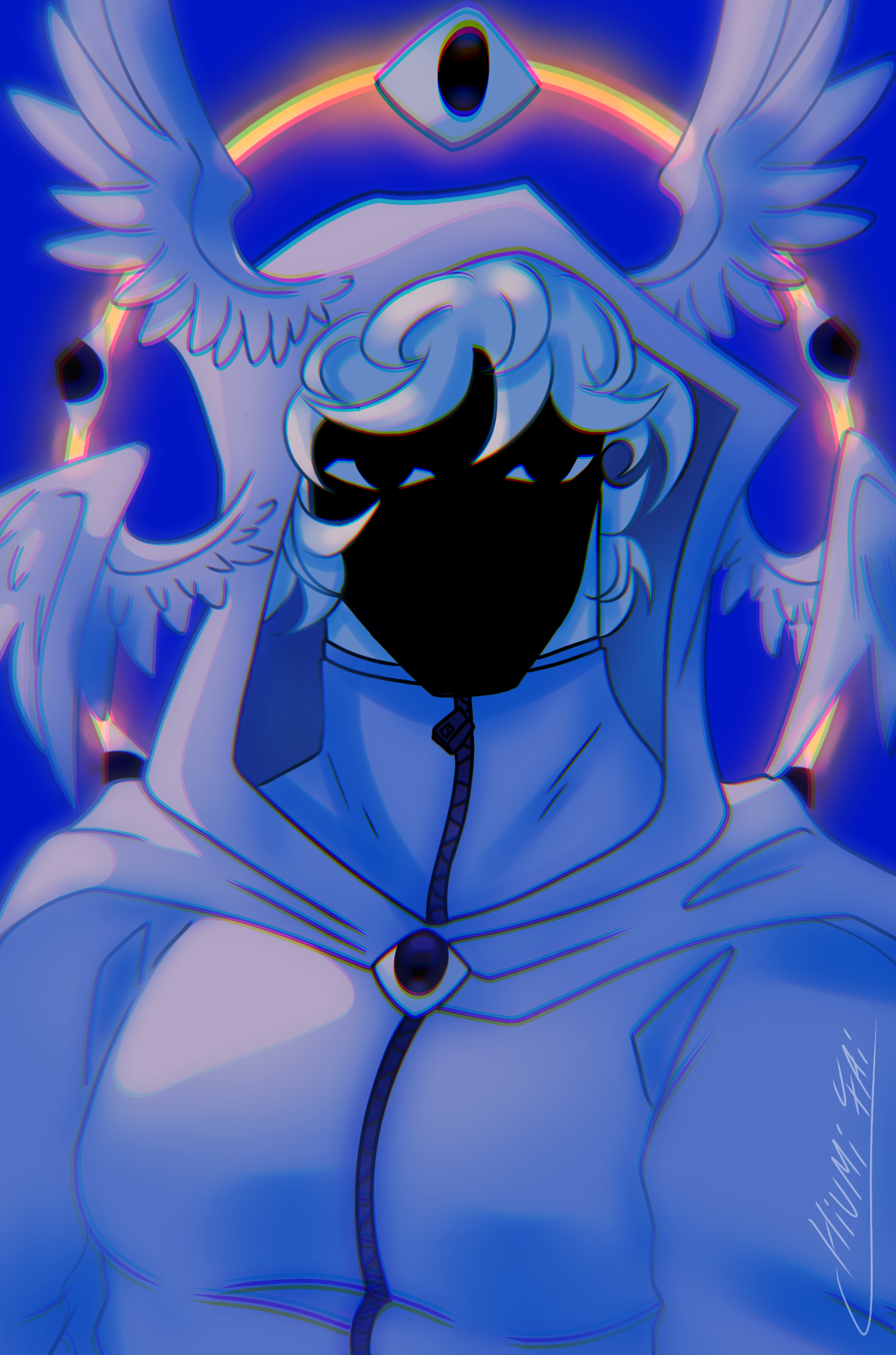 Personaje encapuchado con alas, halo arcoíris y fondo azul, estilo etéreo, por Hiumi