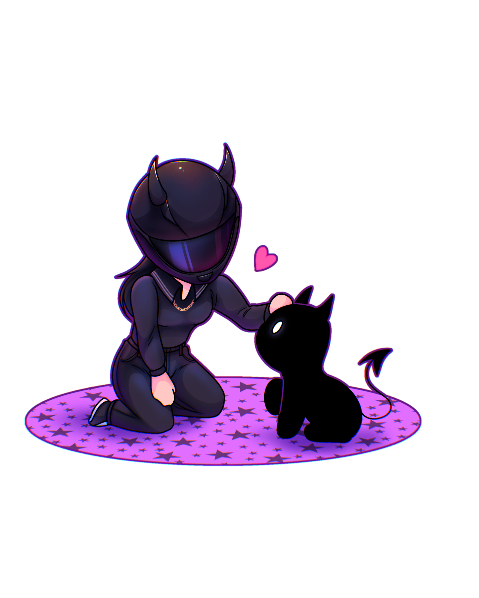 Chibi con casco de moto y cuernos, acariciando criaturita negra sobre alfombra con estrellas, comisión por Hiumi
